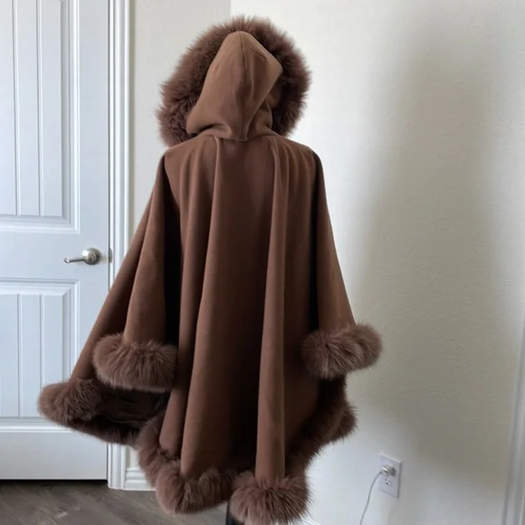 Exclusively Fancy Brown Hooded Fur-Trimmed Cape - Picture 5 of 11